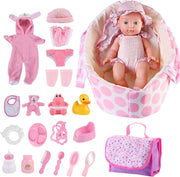 26PCS Baby Doll Set Doll Accs Toy Set with Carry Cot Bed Pillow 4 Outfit Sets & Carrying Case Pretend Play Feeding Set for Kids